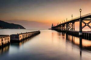 un largo exposición fotografía de un muelle a puesta de sol. generado por ai foto