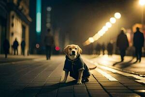 a dog sitting on the street at night. AI-Generated photo