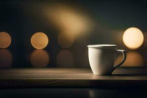 a coffee cup sitting on a table in front of a blurred background. AI-Generated photo