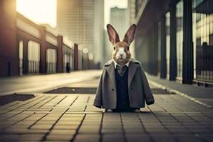 a rabbit wearing a suit and tie on a street. AI-Generated photo