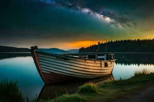 un barco se sienta en el apuntalar de un lago a noche. generado por ai foto