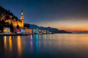 el puesta de sol terminado el ciudad de kotor, Croacia. generado por ai foto