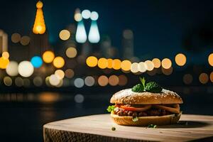 un hamburguesa sentado en un mesa en frente de un ciudad horizonte. generado por ai foto
