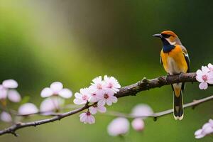 a bird sits on a branch with pink flowers. AI-Generated photo