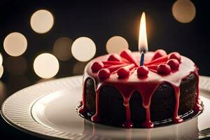 un chocolate pastel con un vela en cima. generado por ai foto