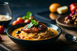 spaghetti with meat and vegetables in a bowl. AI-Generated photo