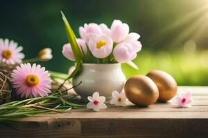 photo wallpaper flowers, the sun, spring, flowers, easter, easter eggs, eggs. AI-Generated