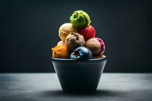 a bowl filled with ice cream and fruit. AI-Generated photo