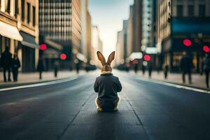 a rabbit sitting on the street in a city. AI-Generated photo