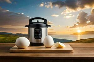 an electric pressure cooker with eggs and a pan on a table. AI-Generated photo