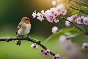 a bird sits on a branch with pink flowers. AI-Generated photo