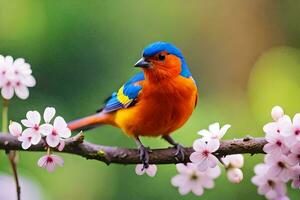 a colorful bird sits on a branch with flowers. AI-Generated photo