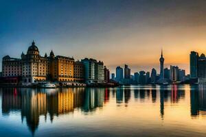 the city skyline is reflected in the water at sunset. AI-Generated photo