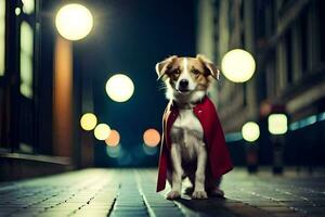 a dog wearing a red cape standing on a street at night. AI-Generated photo