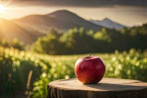 un manzana se sienta en un tocón en frente de un campo. generado por ai foto