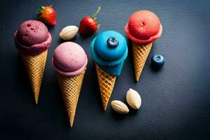 four ice cream cones with different colors. AI-Generated photo