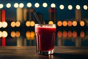 a glass of red juice sitting on a table in front of a city skyline. AI-Generated photo