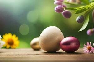 easter eggs and flowers on a wooden table. AI-Generated photo