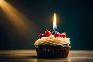 a cupcake with a single candle on top. AI-Generated photo