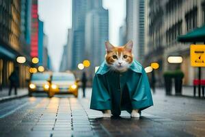 a cat in a raincoat walking down a city street. AI-Generated photo