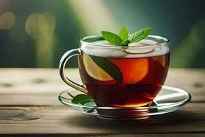 a cup of tea with mint leaves on a wooden table. AI-Generated photo