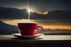 un taza de café en un mesa con montañas en el antecedentes. generado por ai foto