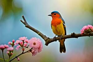 a colorful bird sits on a branch with pink flowers. AI-Generated photo