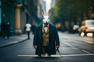 a rabbit wearing a suit and tie standing in the middle of a city street. AI-Generated photo