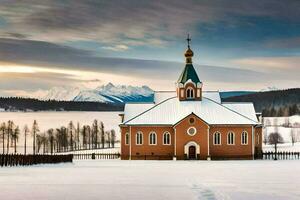 un Iglesia en el nieve con montañas en el antecedentes. generado por ai foto