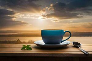 a cup of coffee on a wooden table with a view of the sunset. AI-Generated photo