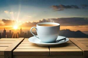 a cup of tea on a wooden table with a view of the city. AI-Generated photo