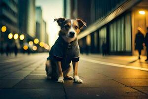 a dog wearing a jacket sitting on the street. AI-Generated photo