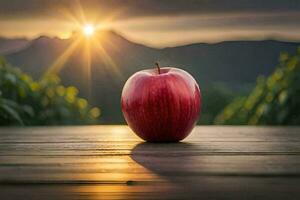 an apple sits on a wooden table in front of a sunset. AI-Generated photo