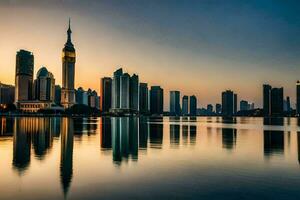 el horizonte de dubai a puesta de sol. generado por ai foto