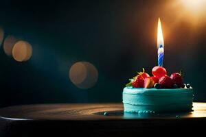 a small blue birthday cake with a single candle. AI-Generated photo