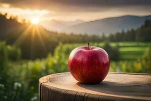 a red apple on a stump in the mountains. AI-Generated photo