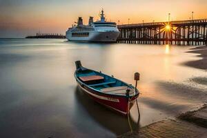 un barco se sienta en el apuntalar a puesta de sol con un crucero Embarcacion en el antecedentes. generado por ai foto