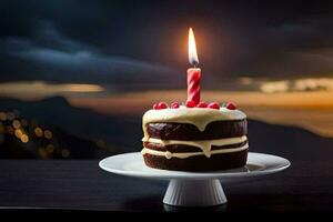 a birthday cake with a lit candle on top. AI-Generated photo