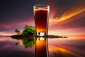 un vaso de cerveza en un isla en el medio de el océano. generado por ai foto