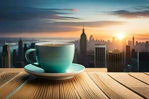 a cup of coffee on a wooden table with a cityscape in the background. AI-Generated photo