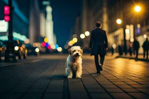 a dog is walking down the street at night. AI-Generated photo