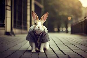 a rabbit wearing a jacket on a street. AI-Generated photo