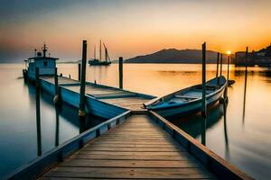a wooden dock with boats docked at the end of it. AI-Generated photo