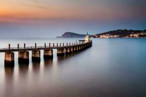 largo exposición de un muelle a puesta de sol. generado por ai foto