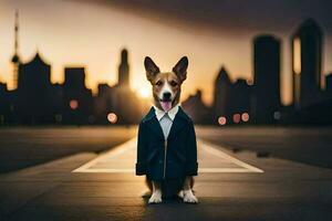 un perro vistiendo un traje y Corbata sentado en el suelo. generado por ai foto