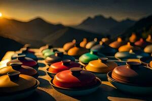 colorful pots and pans on a table in front of mountains. AI-Generated photo