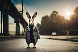 a rabbit wearing a coat and tie standing on a street. AI-Generated photo