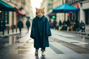 un gato vistiendo un impermeable y en pie en un calle. generado por ai foto