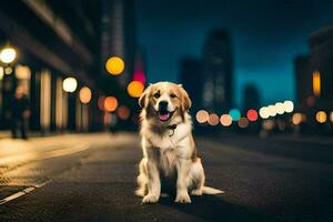 a dog sitting on the street at night. AI-Generated photo