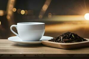 un taza de té y un cuenco de té en un de madera mesa. generado por ai foto